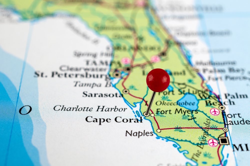 Cape Coral pin map. Close up of Cape Coral map with red pin. Map with red pin point of Cape Coral in USA. Florida.